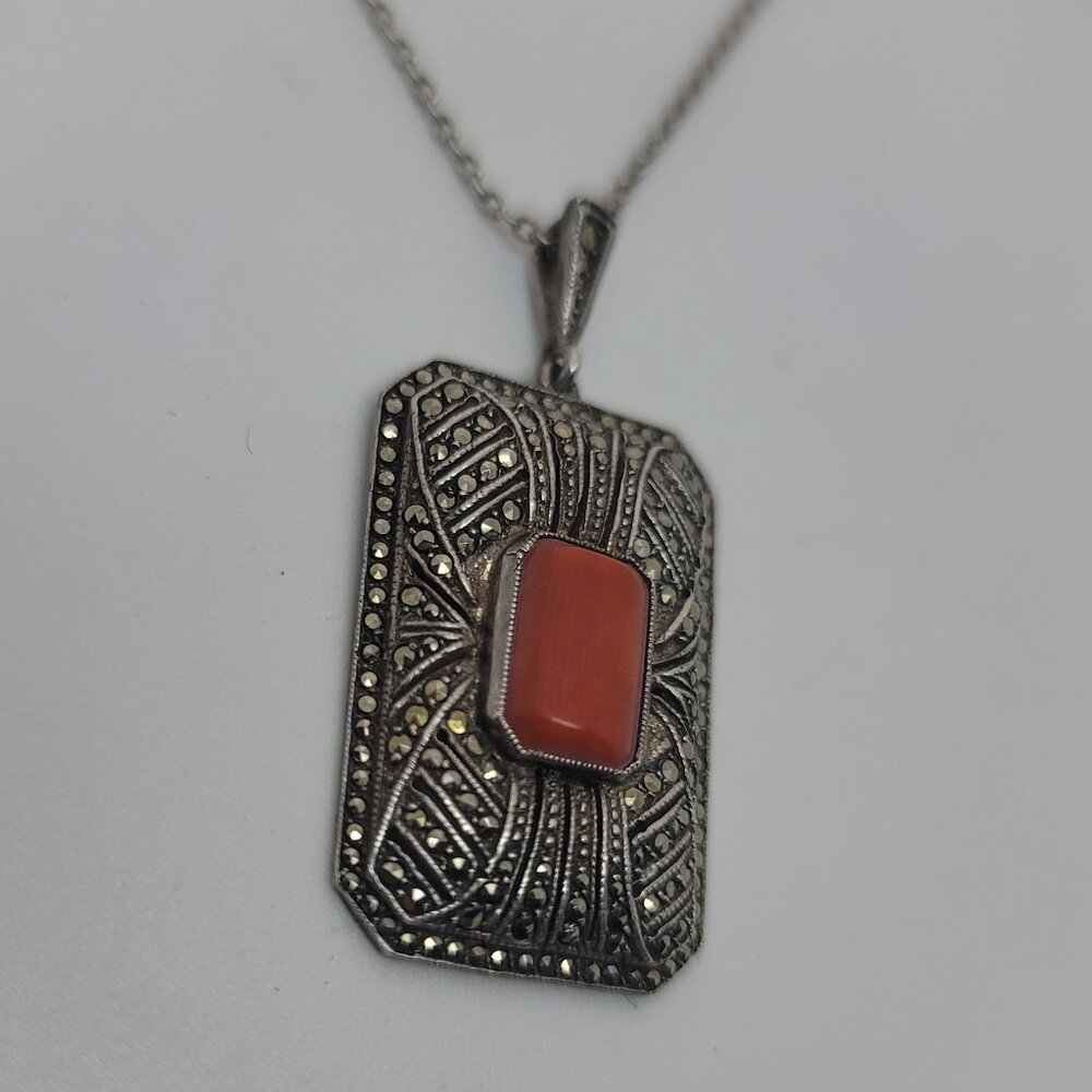 Art Deco Style Coral, Marcasite & Sterling Necklace